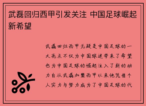 武磊回归西甲引发关注 中国足球崛起新希望